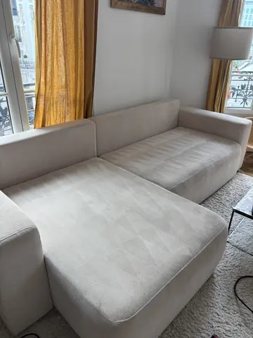 Canapé d’angle en velours côtelé beige après nettoyage Puretlas